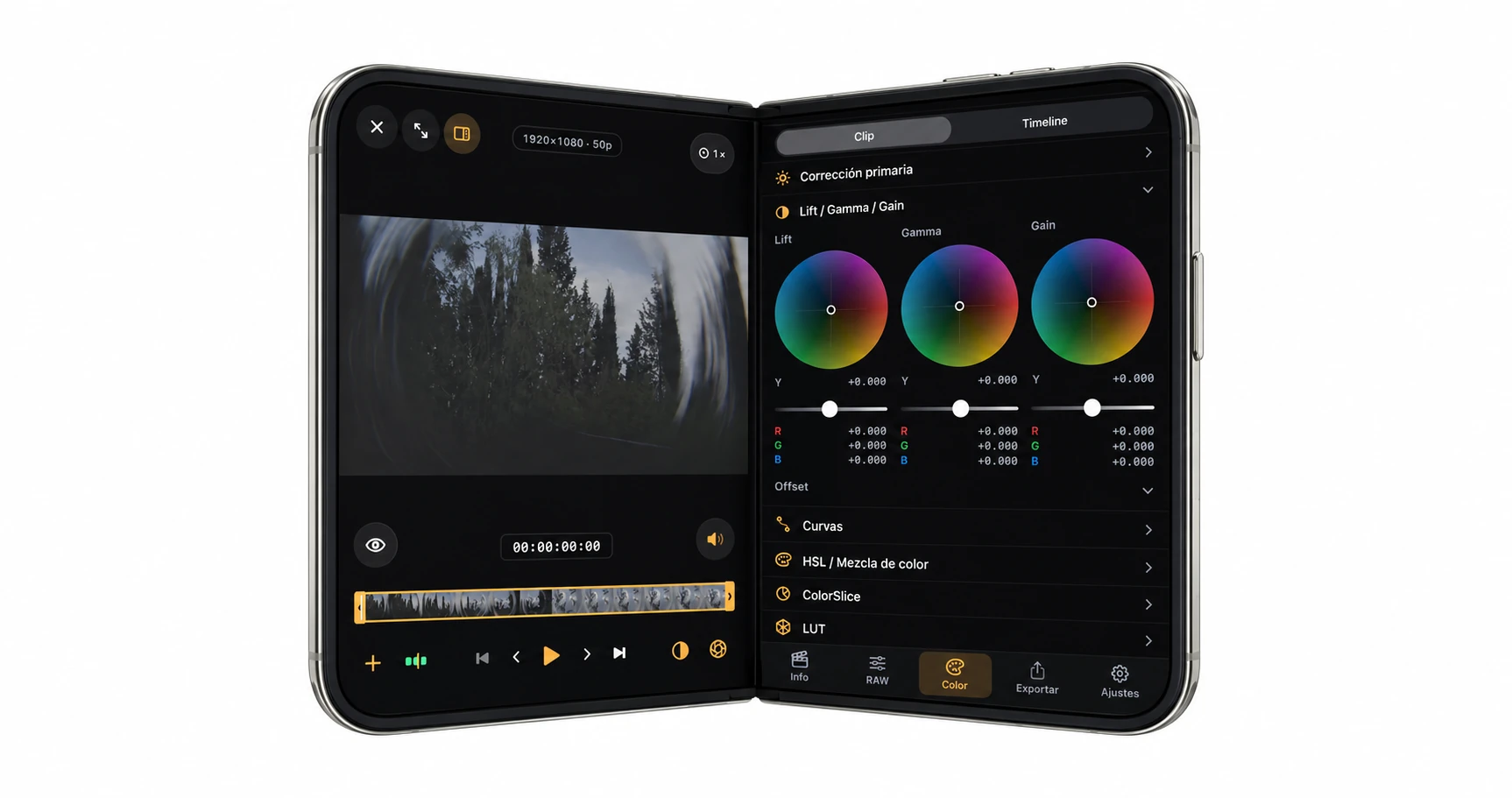 Concept render of iPhone Duo in a book posture, with video and color tools on opposite sides of the fold.