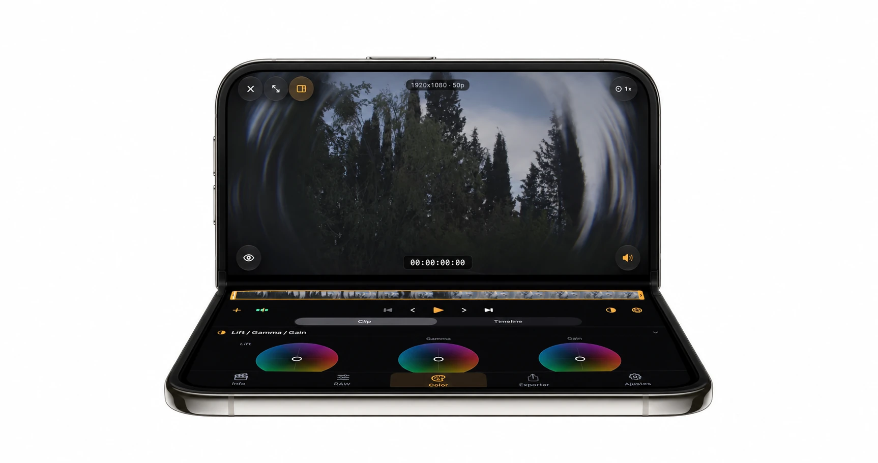 Concept render of iPhone Duo in a laptop posture: video on the upper half and color controls on the lower half.