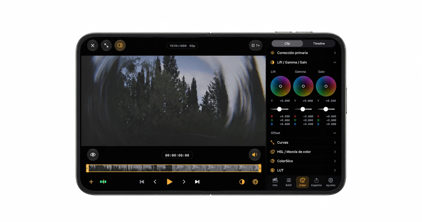 Concept render of BlackRAW Studio on an open iPhone Duo, with the viewer on the left and controls on the right. Not a hardware photograph.