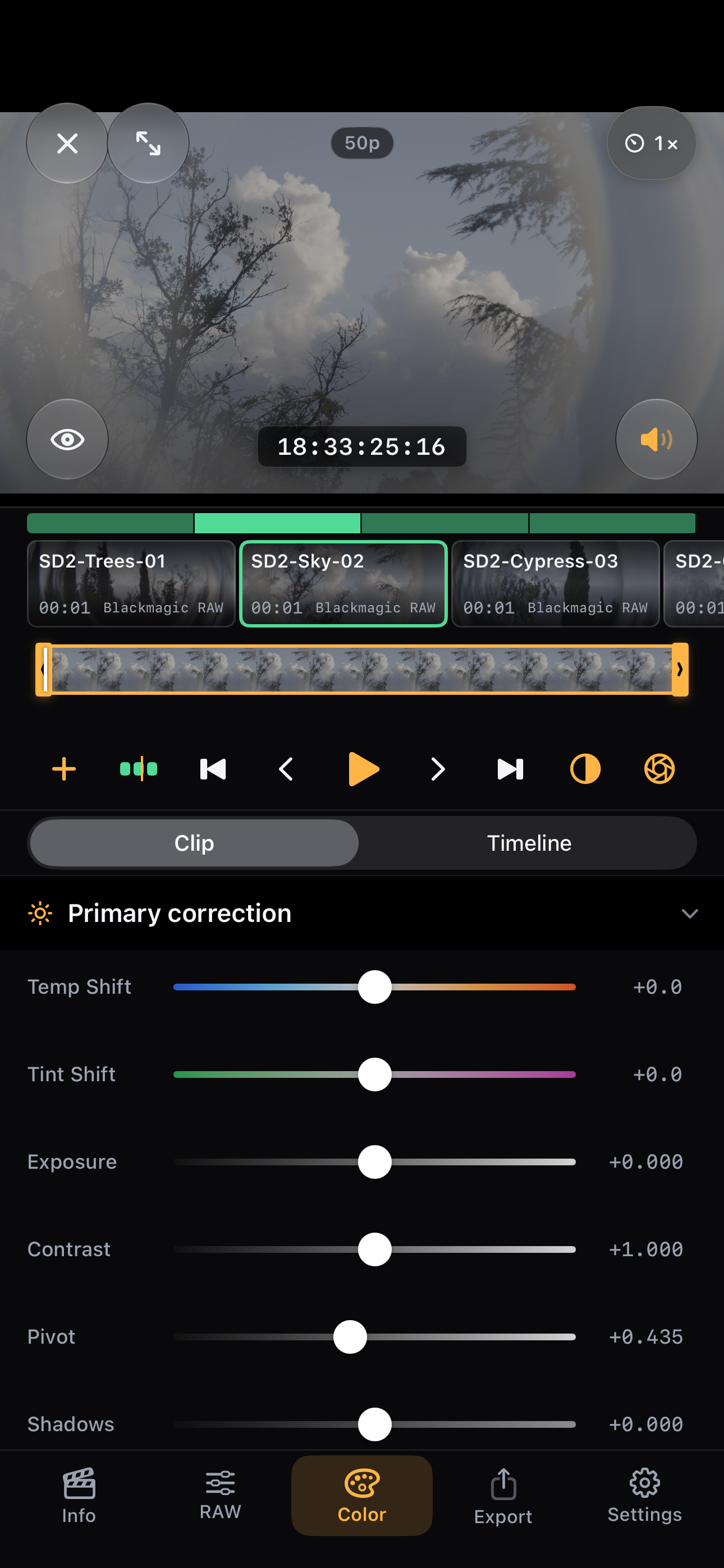 Actual iPhone primary color sliders on Blackmagic RAW footage.