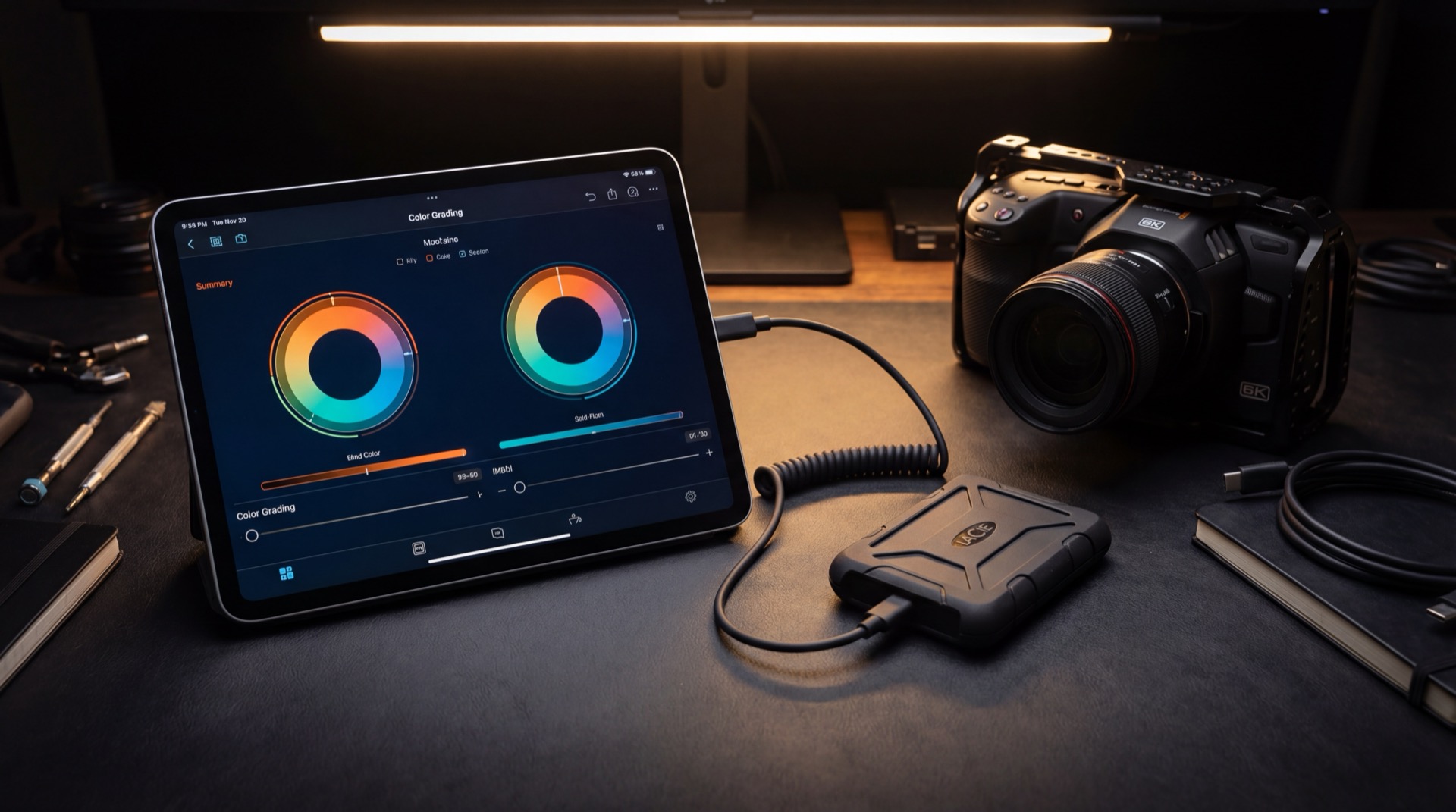 BlackRAW Visor on iPad Pro with Blackmagic camera and SSD