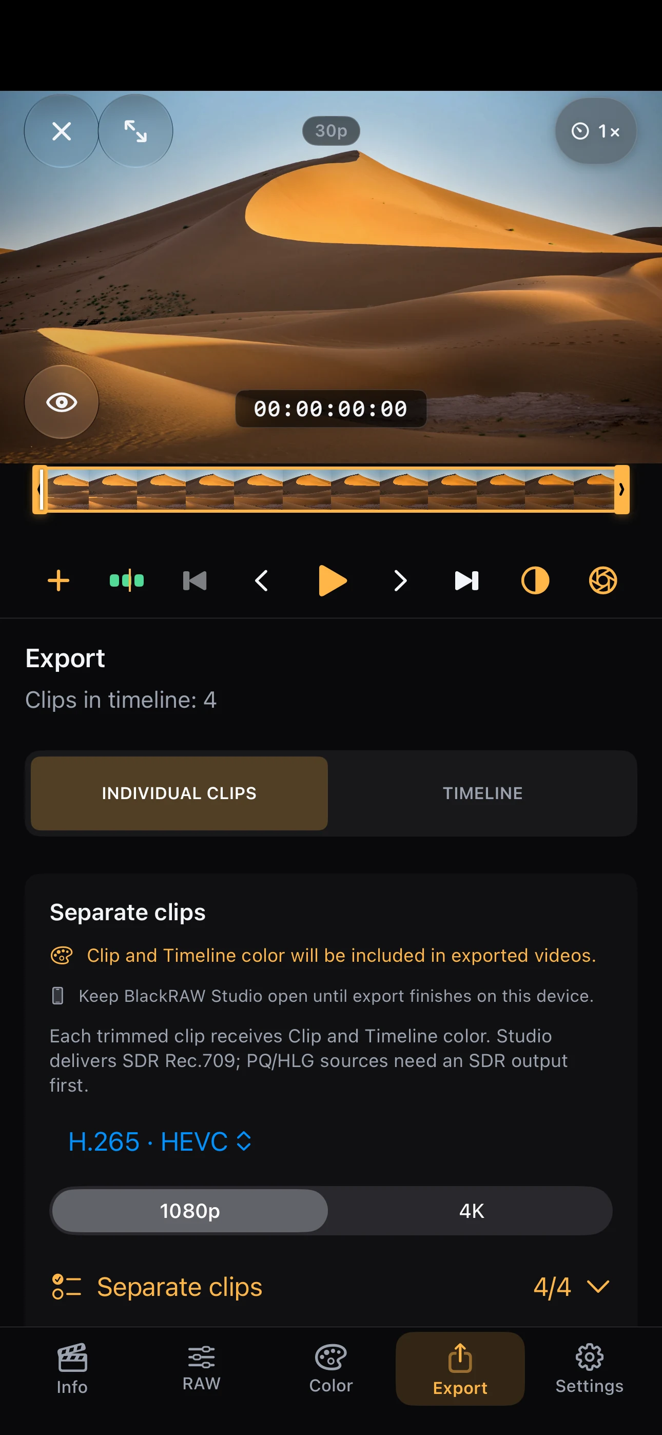 Actual English iPhone simulator showing individual clip and timeline export choices over a landscape-format Sahara scene.