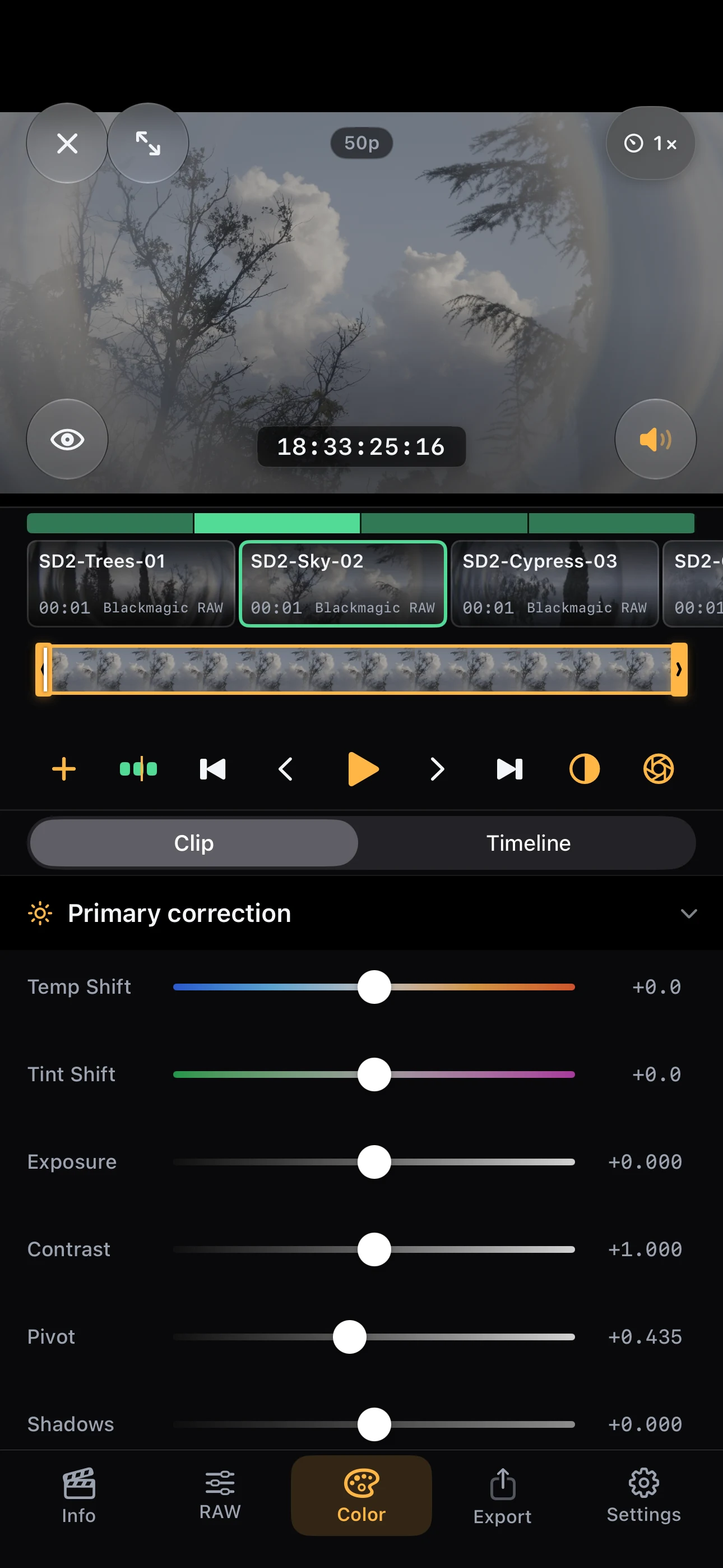 Actual English iPhone app showing primary sliders over Blackmagic RAW footage.