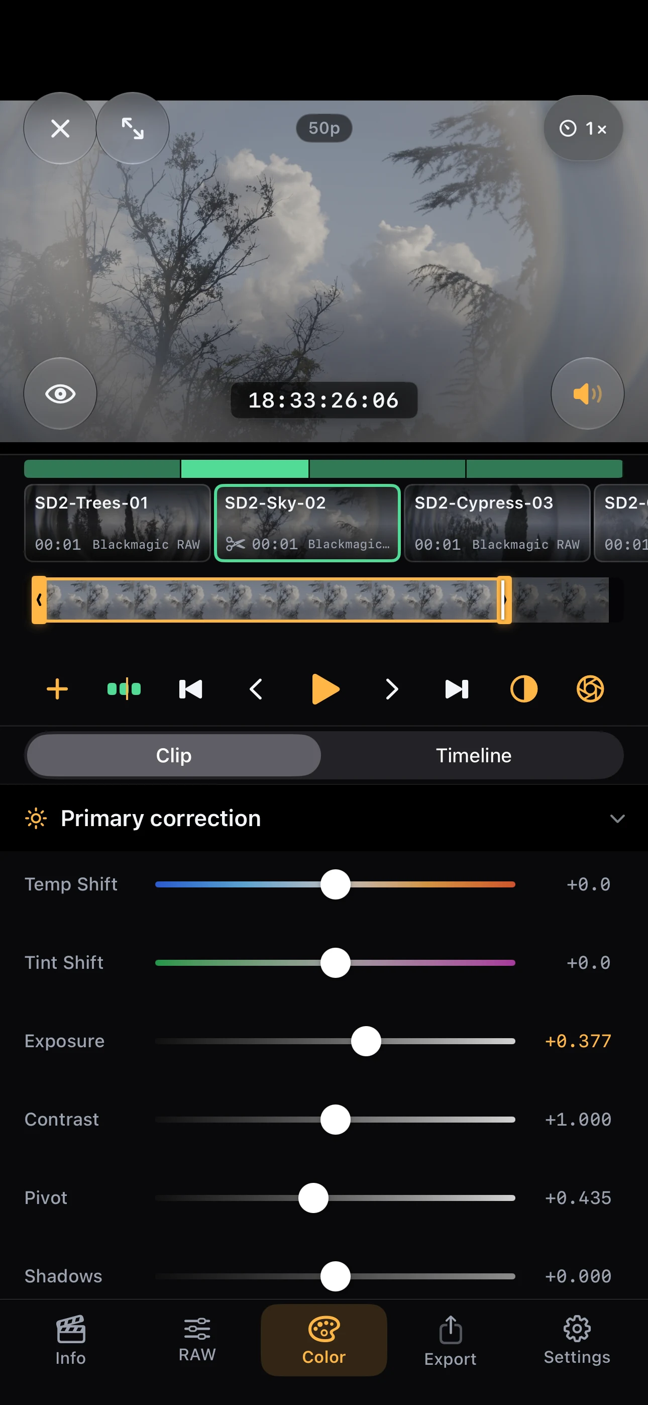 Actual English iPhone app showing in and out handles for a trimmed Blackmagic RAW clip.